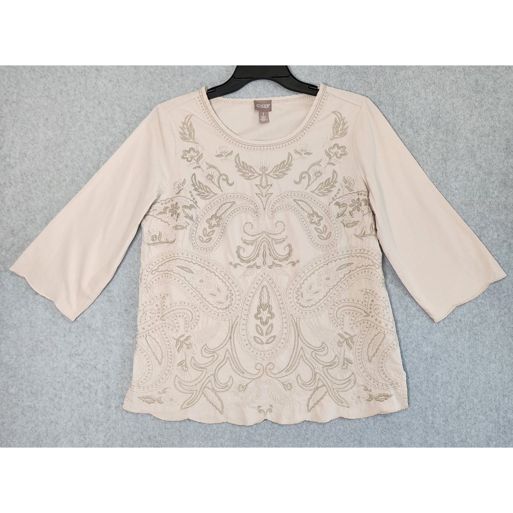 Chico's Embroidered Paisley Blouse Womens 1/M Beige 3/4 Sleeve Scallop Boho Top